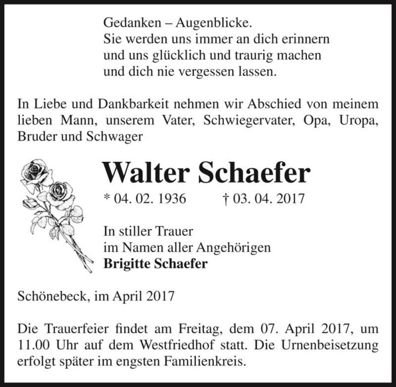  Traueranzeige für Walter Schaefer  vom 05.04.2017 aus Magdeburger Volksstimme