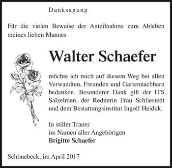Traueranzeige von Walter Schaefer  von Magdeburger Volksstimme