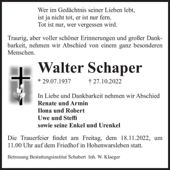 Traueranzeige von Walter Schaper  von Magdeburger Volksstimme