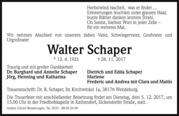 Traueranzeige von Walter Schaper  von Magdeburger Volksstimme