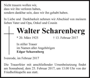 Traueranzeige von Walter Scharenberg  von Magdeburger Volksstimme