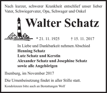 Traueranzeige von Walter Schatz  von Magdeburger Volksstimme
