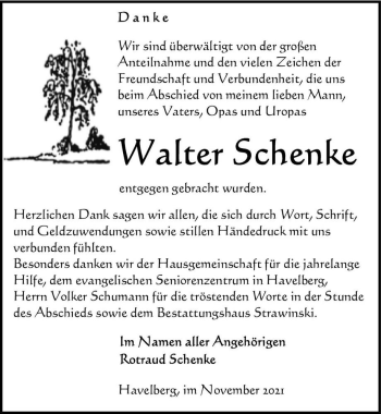 Traueranzeige von Walter Schenke  von Magdeburger Volksstimme
