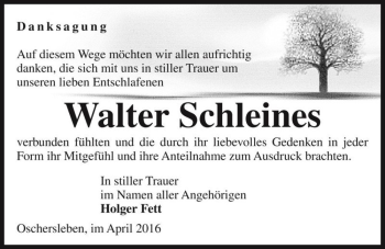 Traueranzeige von Walter Schleines  von Magdeburger Volksstimme