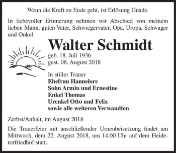 Traueranzeige von Walter Schmidt  von Magdeburger Volksstimme