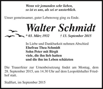 Traueranzeige von Walter Schmidt  von Magdeburger Volksstimme