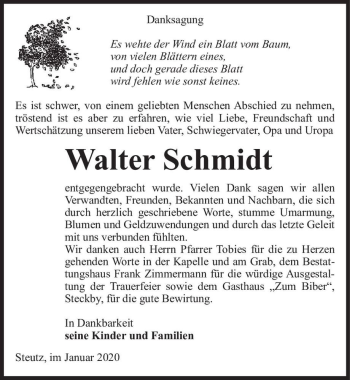 Traueranzeige von Walter Schmidt  von Magdeburger Volksstimme