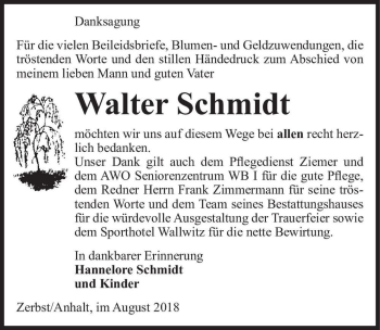 Traueranzeige von Walter Schmidt  von Magdeburger Volksstimme