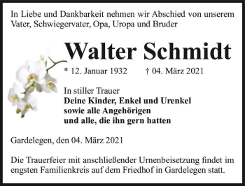 Traueranzeige von Walter Schmidt  von Magdeburger Volksstimme
