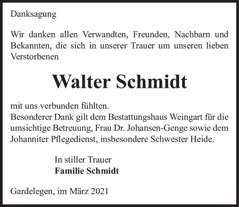  Traueranzeige für Walter Schmidt  vom 27.03.2021 aus Magdeburger Volksstimme