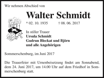 Traueranzeige von Walter Schmidt  von Magdeburger Volksstimme
