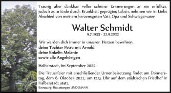 Traueranzeige von Walter Schmidt  von Magdeburger Volksstimme