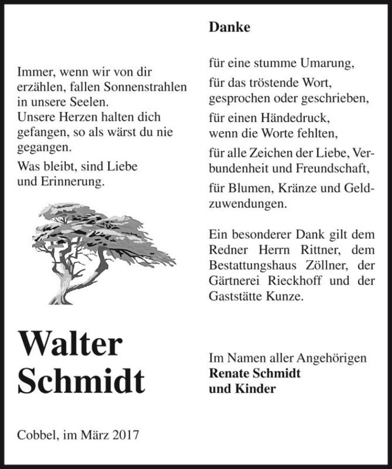  Traueranzeige für Walter Schmidt  vom 25.03.2017 aus Magdeburger Volksstimme