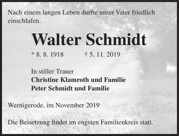 Traueranzeige von Walter Schmidt  von Magdeburger Volksstimme
