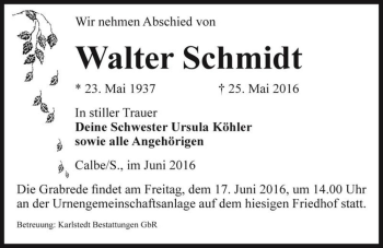 Traueranzeige von Walter Schmidt  von Magdeburger Volksstimme