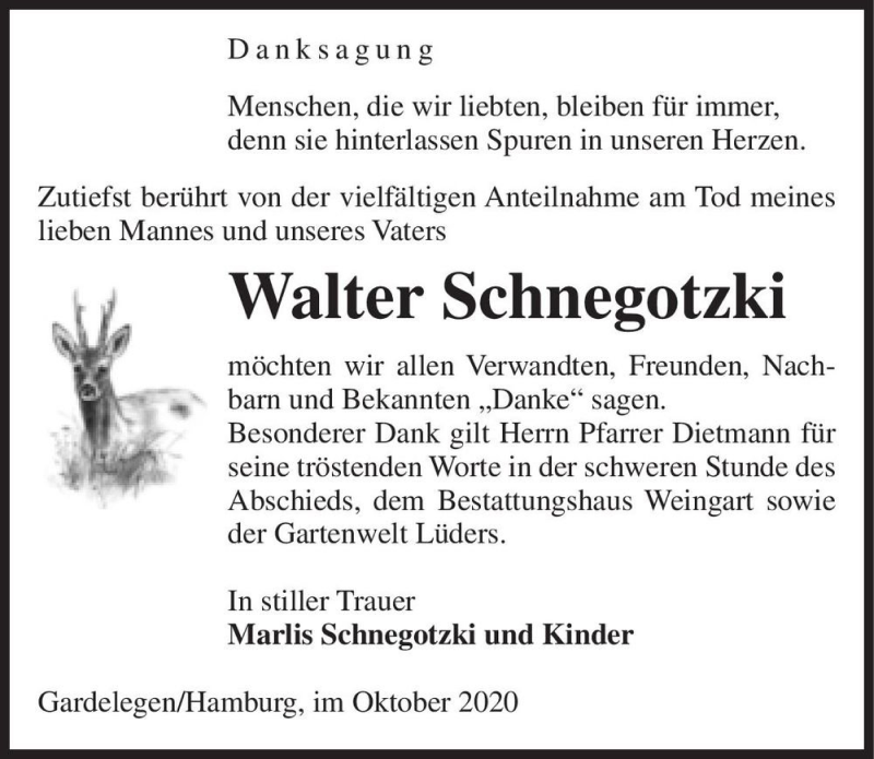  Traueranzeige für Walter Schnegotzki  vom 23.10.2020 aus Magdeburger Volksstimme