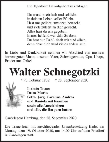 Traueranzeige von Walter Schnegotzki  von Magdeburger Volksstimme