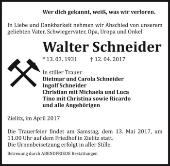 Traueranzeige von Walter Schneider  von Magdeburger Volksstimme