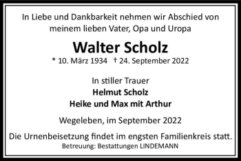 Traueranzeige von Walter Scholz  von Magdeburger Volksstimme