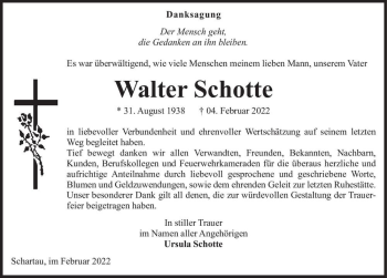Traueranzeige von Walter Schotte  von Magdeburger Volksstimme