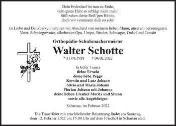 Traueranzeige von Walter Schotte  von Magdeburger Volksstimme