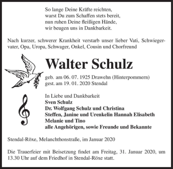 Traueranzeige von Walter Schulz  von Magdeburger Volksstimme