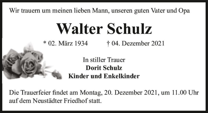  Traueranzeige für Walter Schulz  vom 11.12.2021 aus Magdeburger Volksstimme
