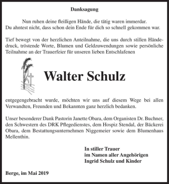 Traueranzeige von Walter Schulz  von Magdeburger Volksstimme
