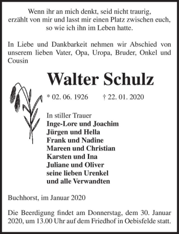 Traueranzeige von Walter Schulz  von Magdeburger Volksstimme
