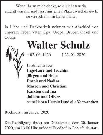 Traueranzeige von Walter Schulz  von Magdeburger Volksstimme
