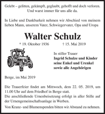 Traueranzeige von Walter Schulz  von Magdeburger Volksstimme