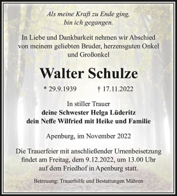 Traueranzeige von Walter Schulze  von Magdeburger Volksstimme