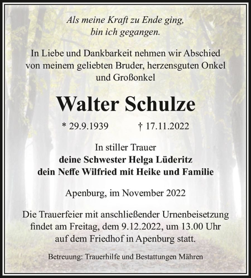  Traueranzeige für Walter Schulze  vom 22.11.2022 aus Magdeburger Volksstimme