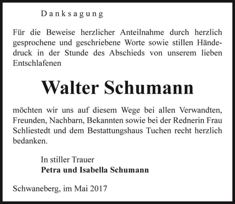  Traueranzeige für Walter Schumann  vom 27.05.2017 aus Magdeburger Volksstimme