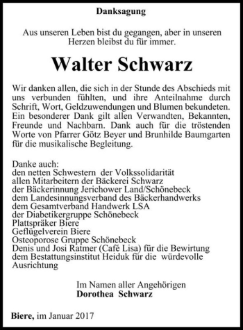 Traueranzeige von Walter Schwarz  von Magdeburger Volksstimme