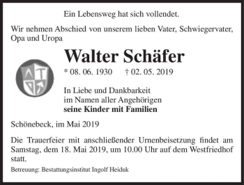 Traueranzeige von Walter Schäfer  von Magdeburger Volksstimme