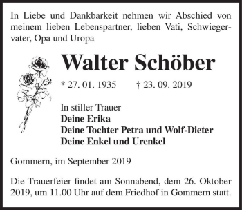 Traueranzeige von Walter Schöber  von Magdeburger Volksstimme