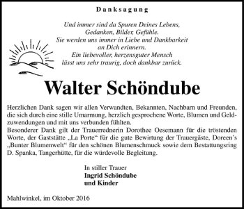 Traueranzeige von Walter Schöndube  von Magdeburger Volksstimme