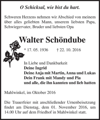 Traueranzeige von Walter Schöndube  von Magdeburger Volksstimme