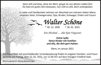 Traueranzeige von Walter Schöne  von Magdeburger Volksstimme