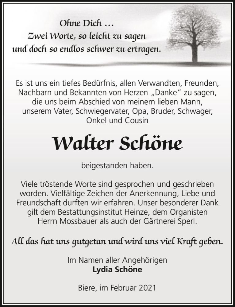  Traueranzeige für Walter Schöne  vom 20.02.2021 aus Magdeburger Volksstimme