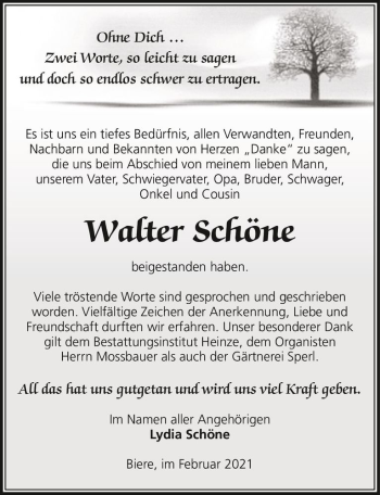Traueranzeige von Walter Schöne  von Magdeburger Volksstimme