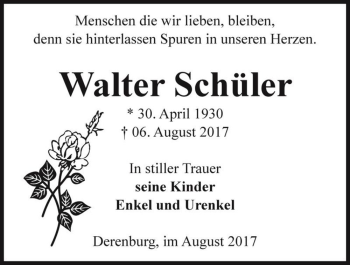Traueranzeige von Walter Schüler  von Magdeburger Volksstimme