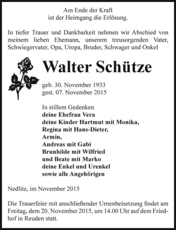 Traueranzeige von Walter Schütze  von Magdeburger Volksstimme