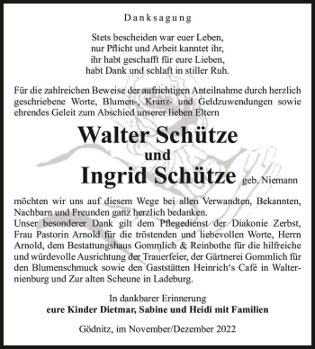 Traueranzeige von Walter Schütze und Ingrid Schütze (geb. Niemann)  von Magdeburger Volksstimme