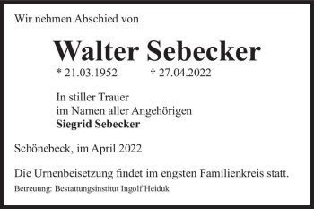 Traueranzeige von Walter Sebecker  von Magdeburger Volksstimme