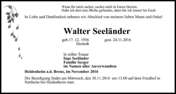 Traueranzeige von Walter Seeländer  von Magdeburger Volksstimme