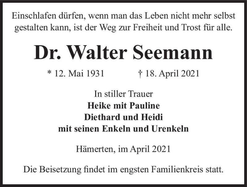  Traueranzeige für Walter Seemann  vom 21.04.2021 aus Magdeburger Volksstimme