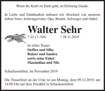 Traueranzeige von Walter Sehr  von Magdeburger Volksstimme