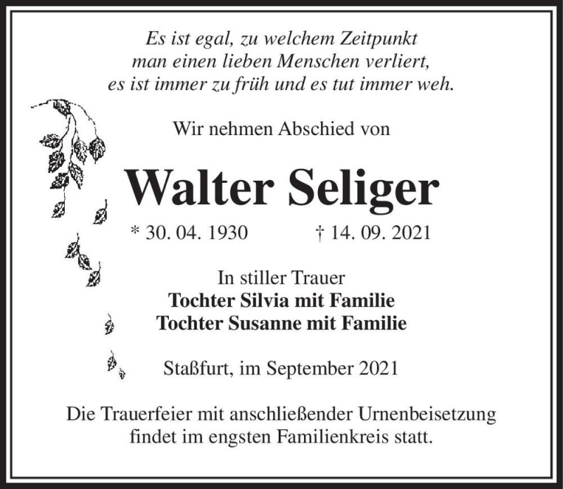  Traueranzeige für Walter Seliger  vom 18.09.2021 aus Magdeburger Volksstimme